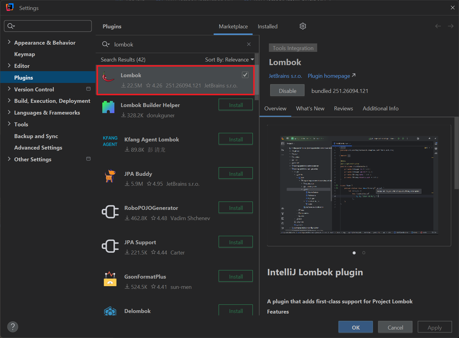 Check Lombok plugins